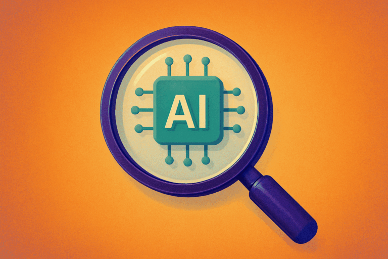 Magnifying glass highlighting an AI microchip on an orange gradient background